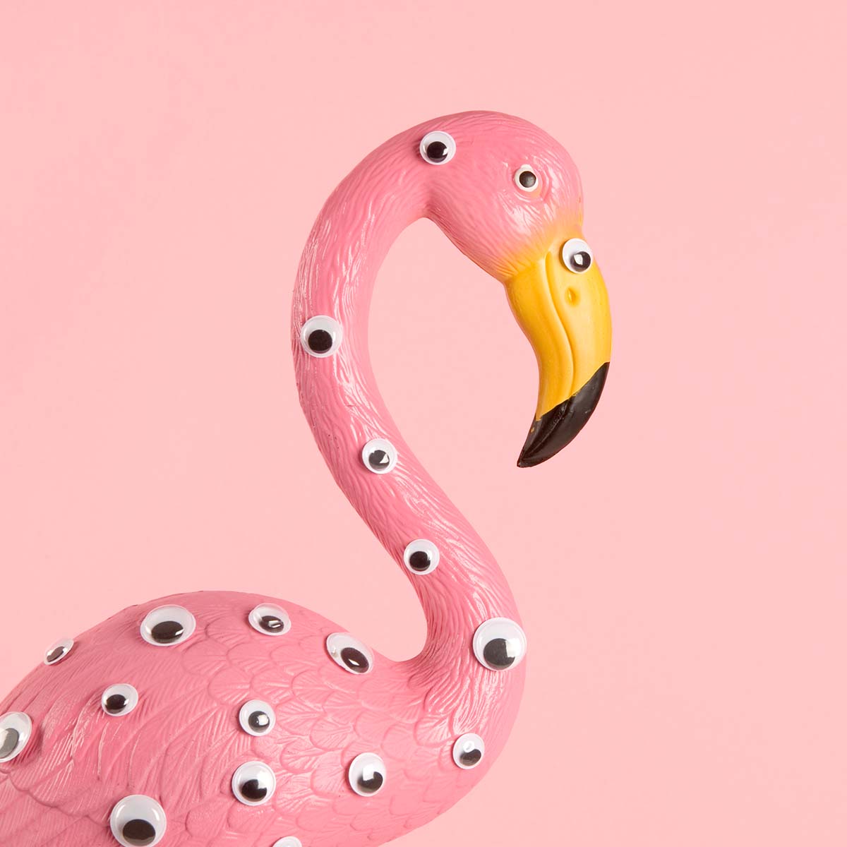 toy flamingo on pink background with googly eyes